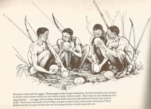 an Hunters with Ostrich eggs they used first for food then to store water in when away hunting